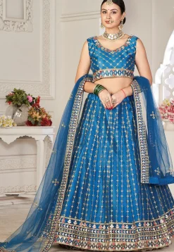 Embroidered Net Lehenga in Teal Blue