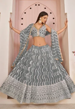 Embroidered Net Lehenga in Grey