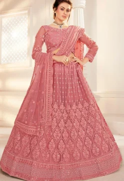 Embroidered Net Lehenga in Pink