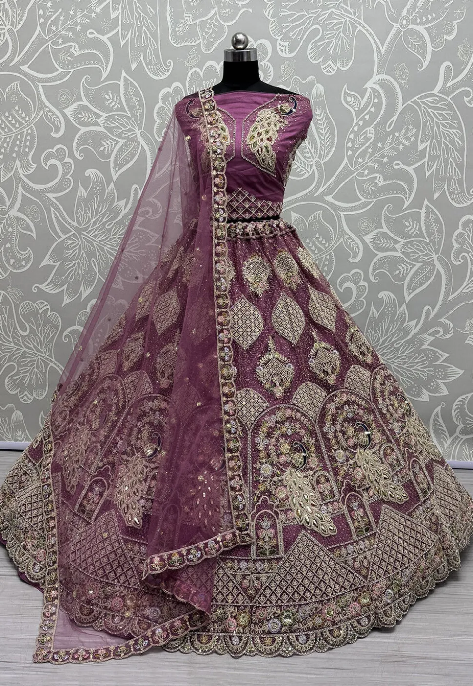 Embroidered Net Lehenga in Purple