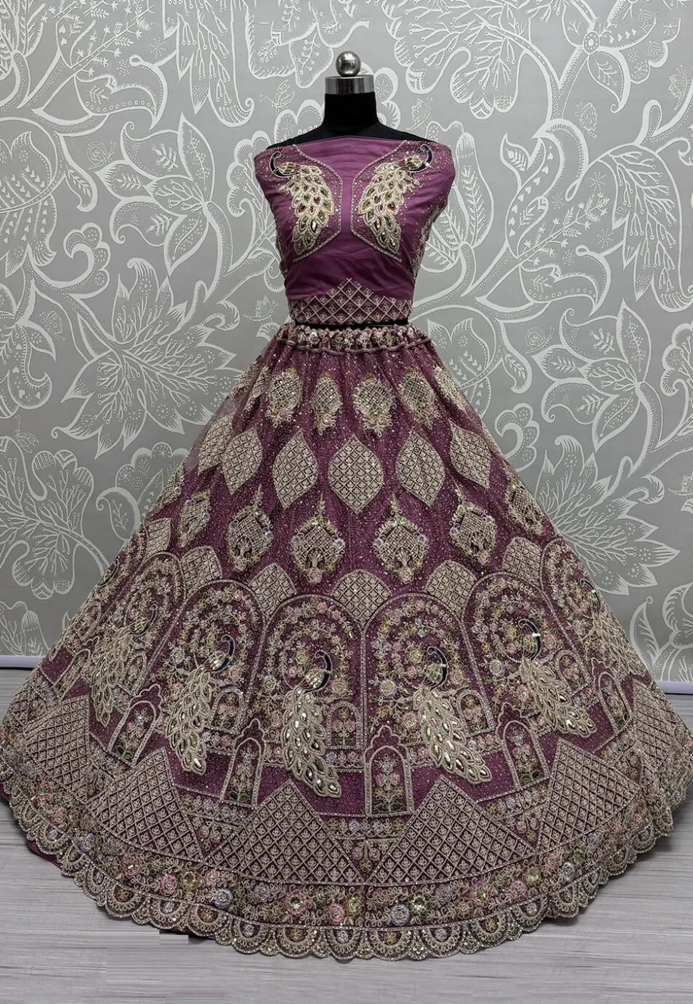 Embroidered Net Lehenga in Purple