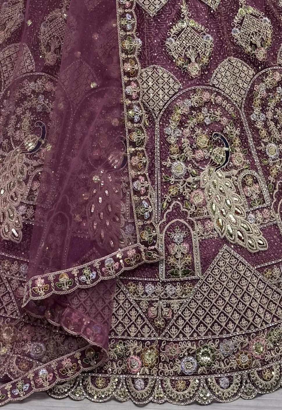 Embroidered Net Lehenga in Purple