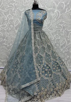 Embroidered Net Lehenga in Dusty Blue