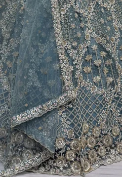 Embroidered Net Lehenga in Dusty Blue