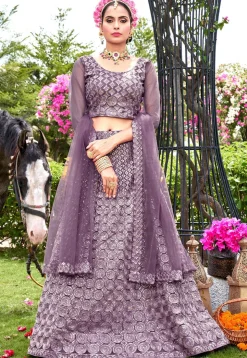 Embroidered Net Lehenga in Purple