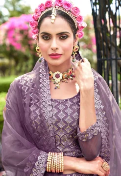 Embroidered Net Lehenga in Purple