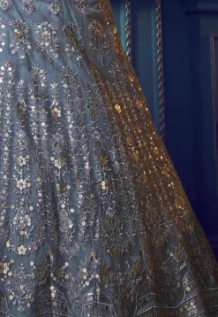 Embroidered Net Lehenga in Dusty Blue