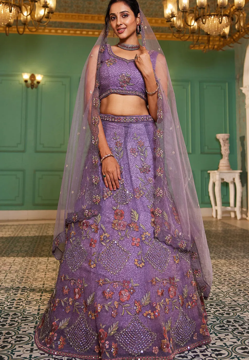 Embroidered Net Lehenga in Purple
