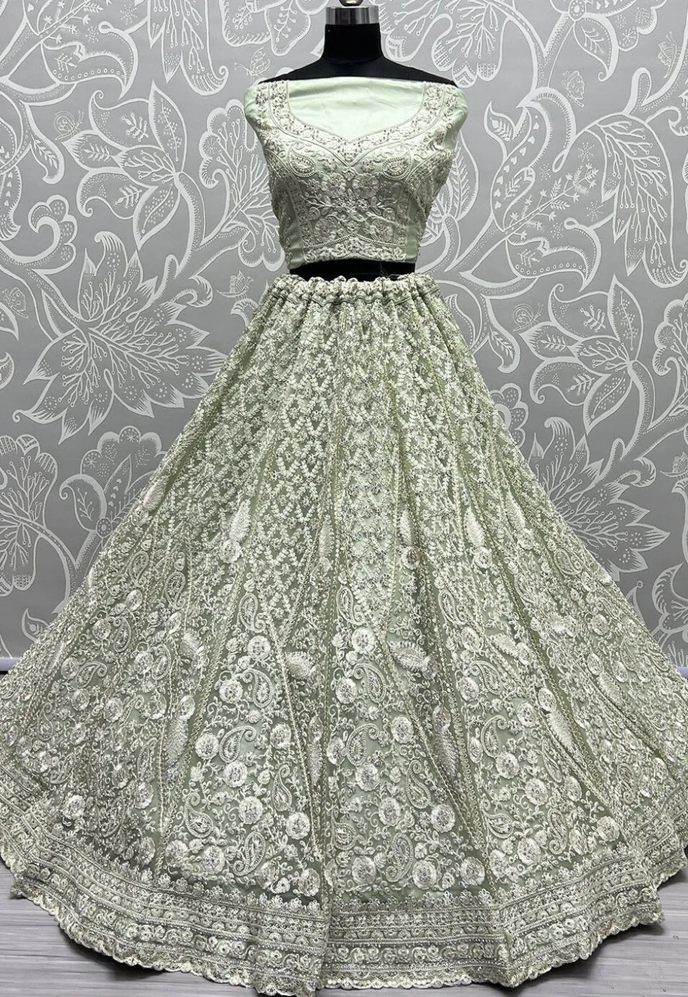 Embroidered Net Lehenga in Light Green