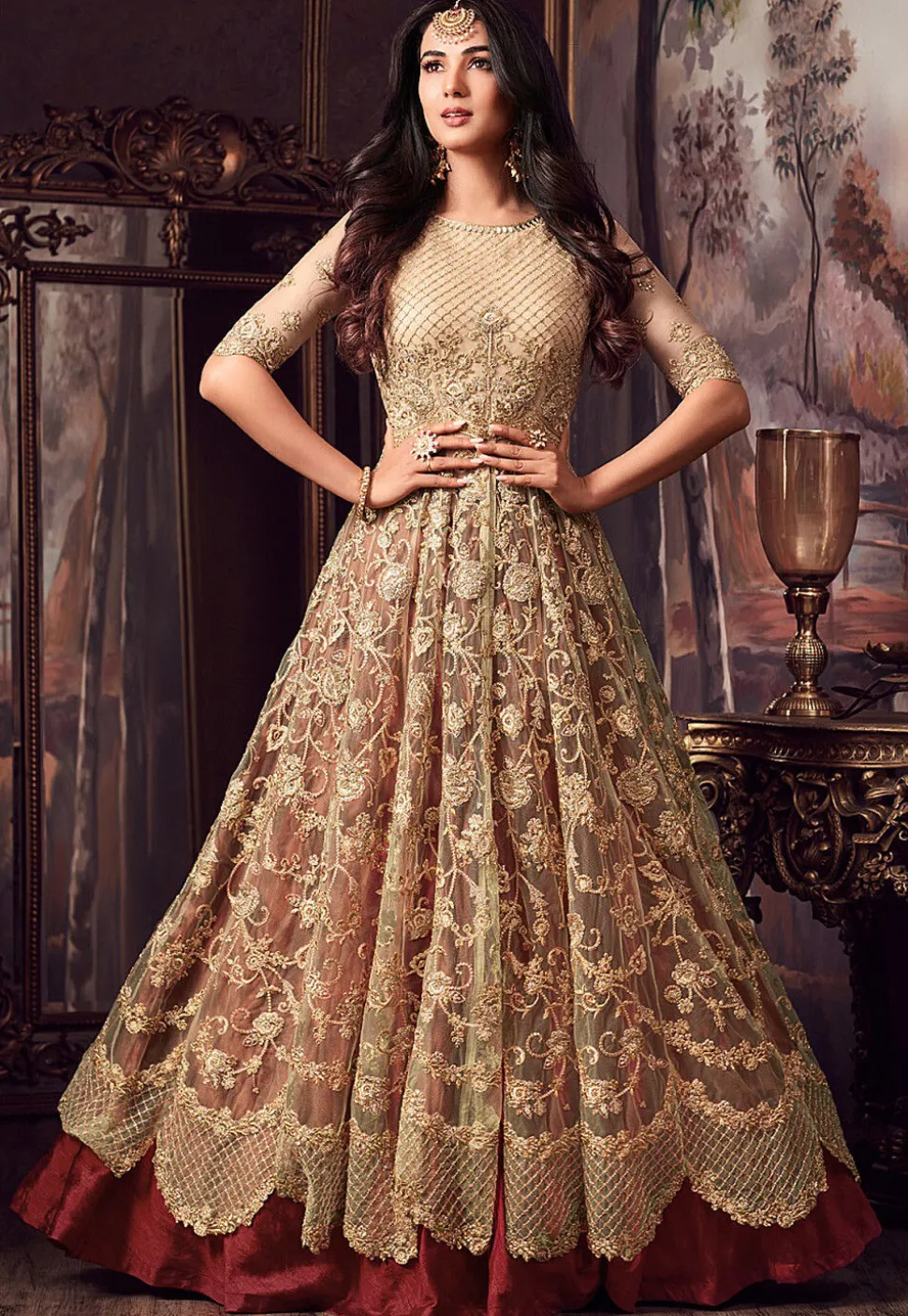 Embroidered Net Lehenga in Beige and Rust