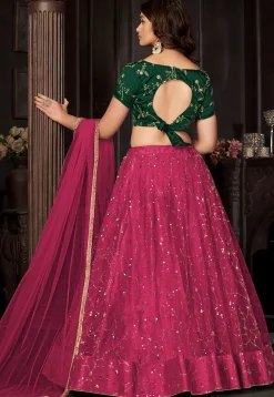 Embroidered Net Lehenga in Magenta