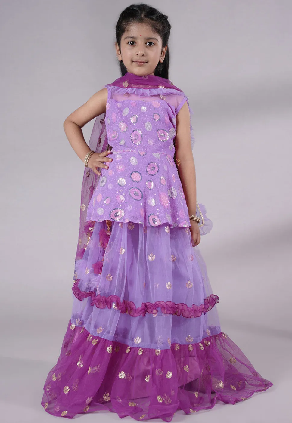 Embroidered Net Lehenga in Purple