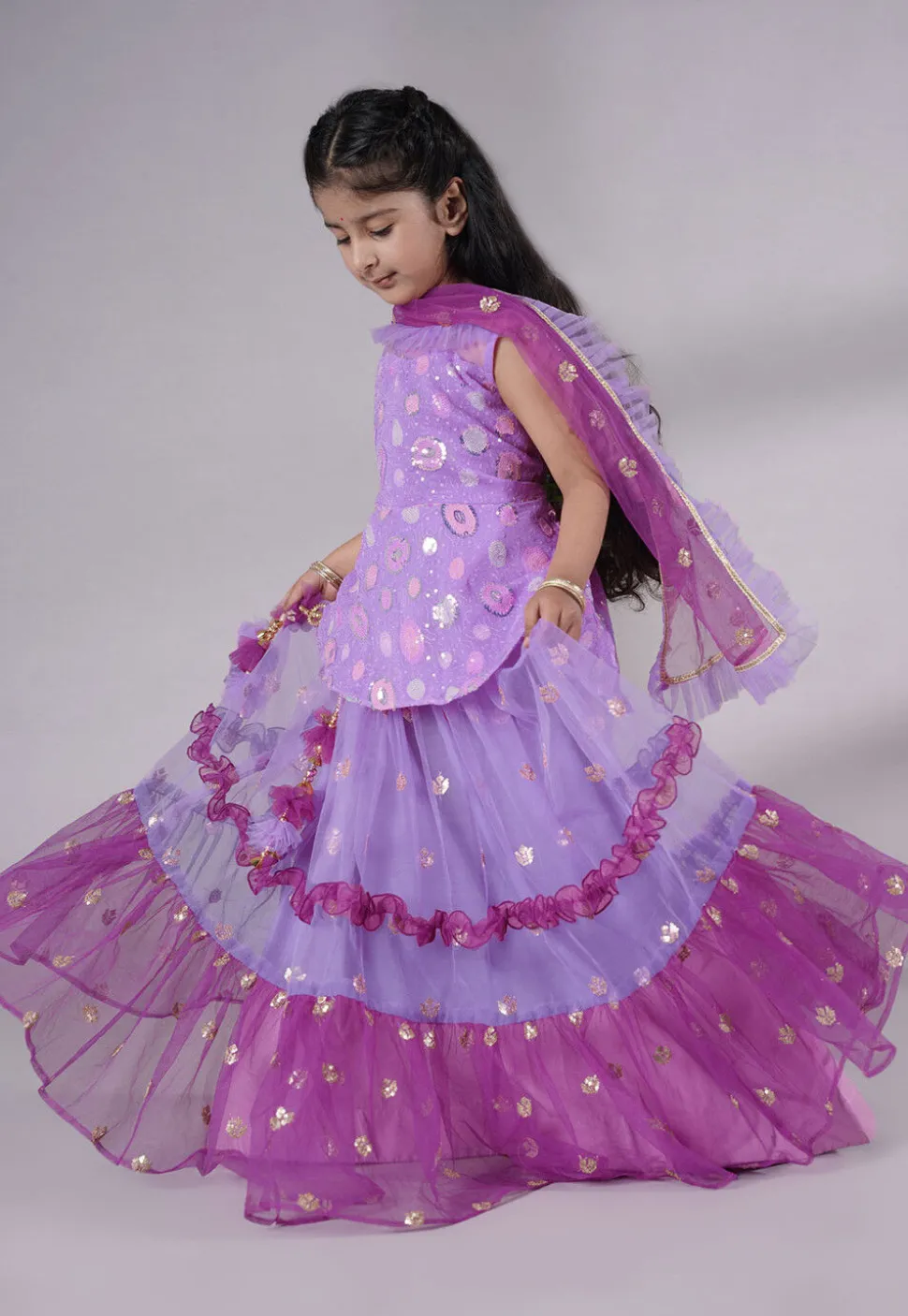 Embroidered Net Lehenga in Purple