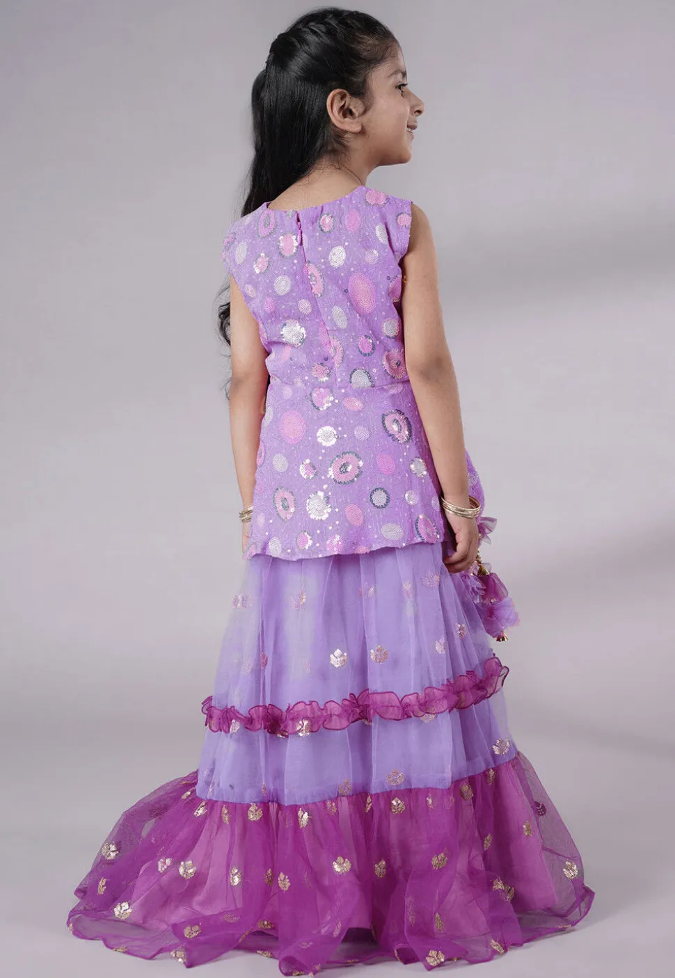 Embroidered Net Lehenga in Purple