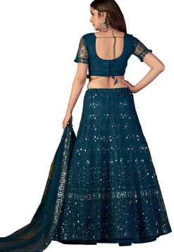 Embroidered Net Lehenga in Teal Blue