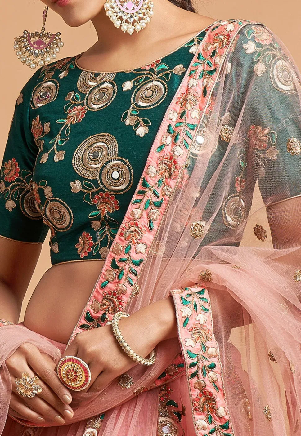 Embroidered Net Lehenga in Pink