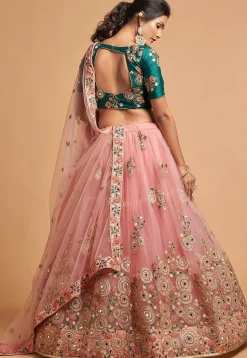 Embroidered Net Lehenga in Pink