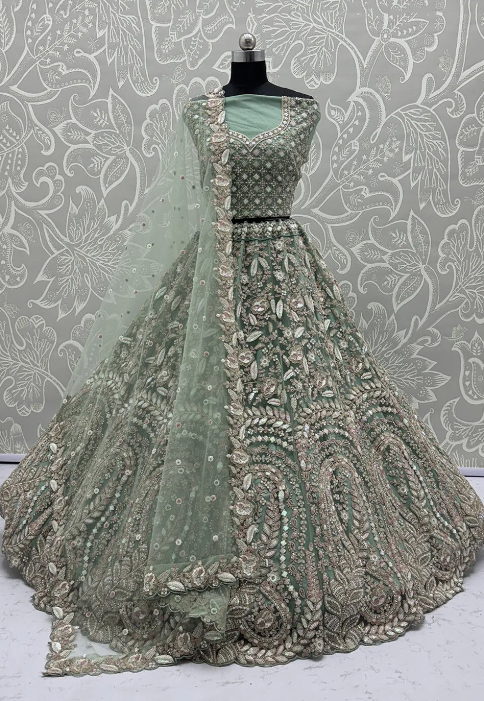 Embroidered Net Lehenga in Green