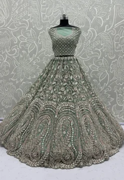 Embroidered Net Lehenga in Green