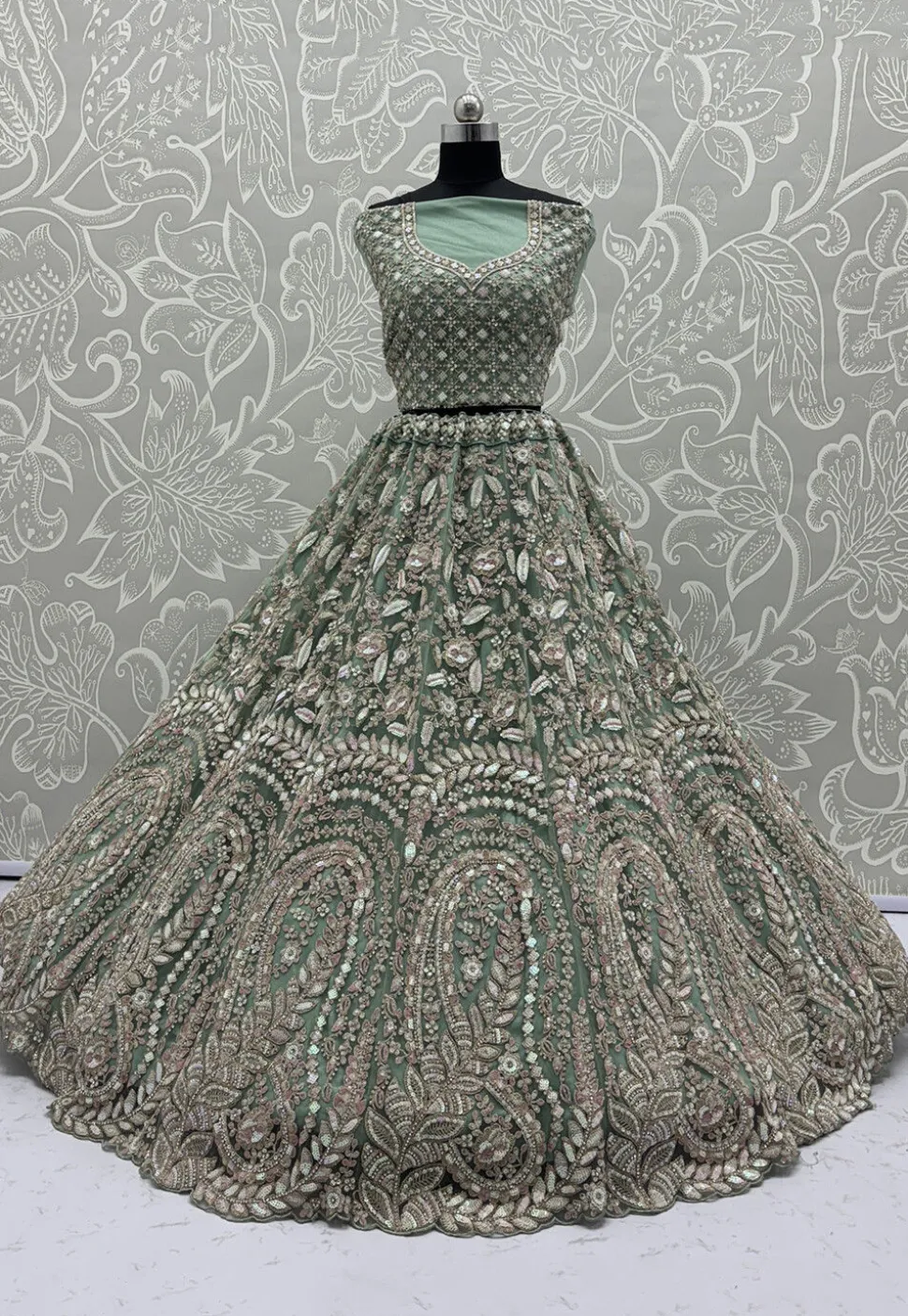 Embroidered Net Lehenga in Green