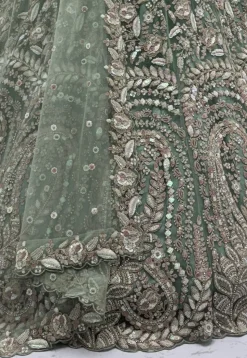 Embroidered Net Lehenga in Green