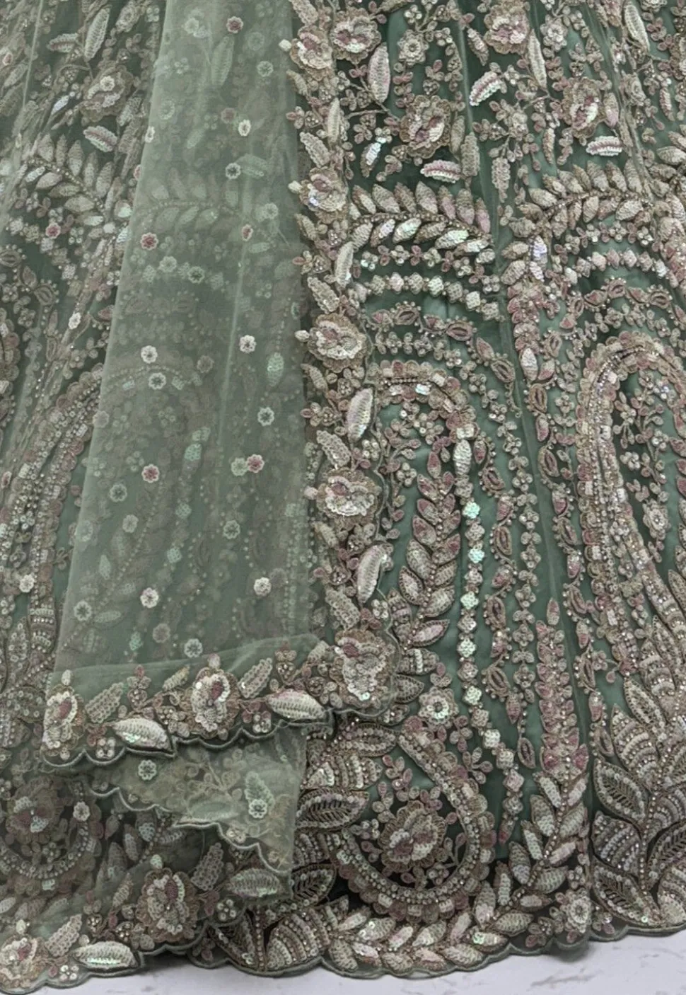 Embroidered Net Lehenga in Green