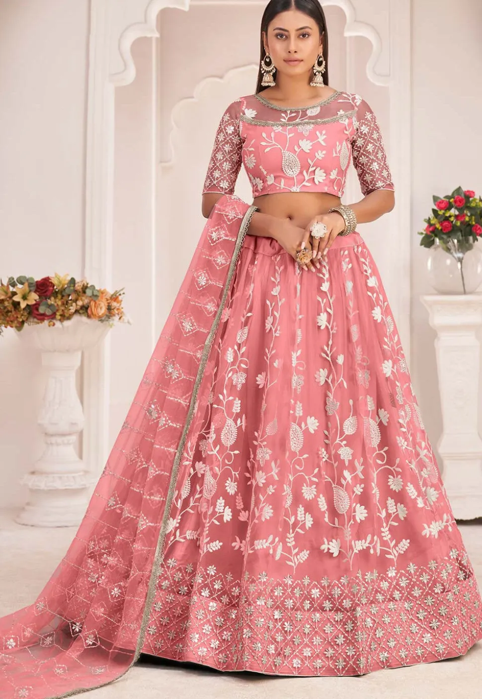Embroidered Net Lehenga in Peach