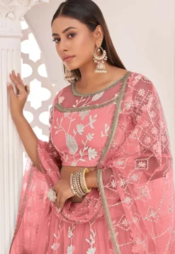 Embroidered Net Lehenga in Peach