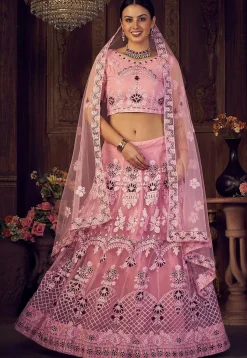 Embroidered Net Lehenga in Light Pink