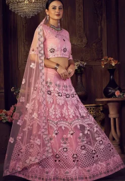 Embroidered Net Lehenga in Light Pink