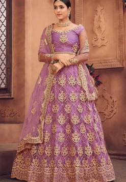 Embroidered Net Lehenga in Light Purple