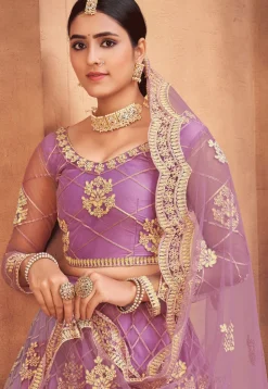 Embroidered Net Lehenga in Light Purple