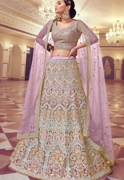 Embroidered Net Lehenga in Purple