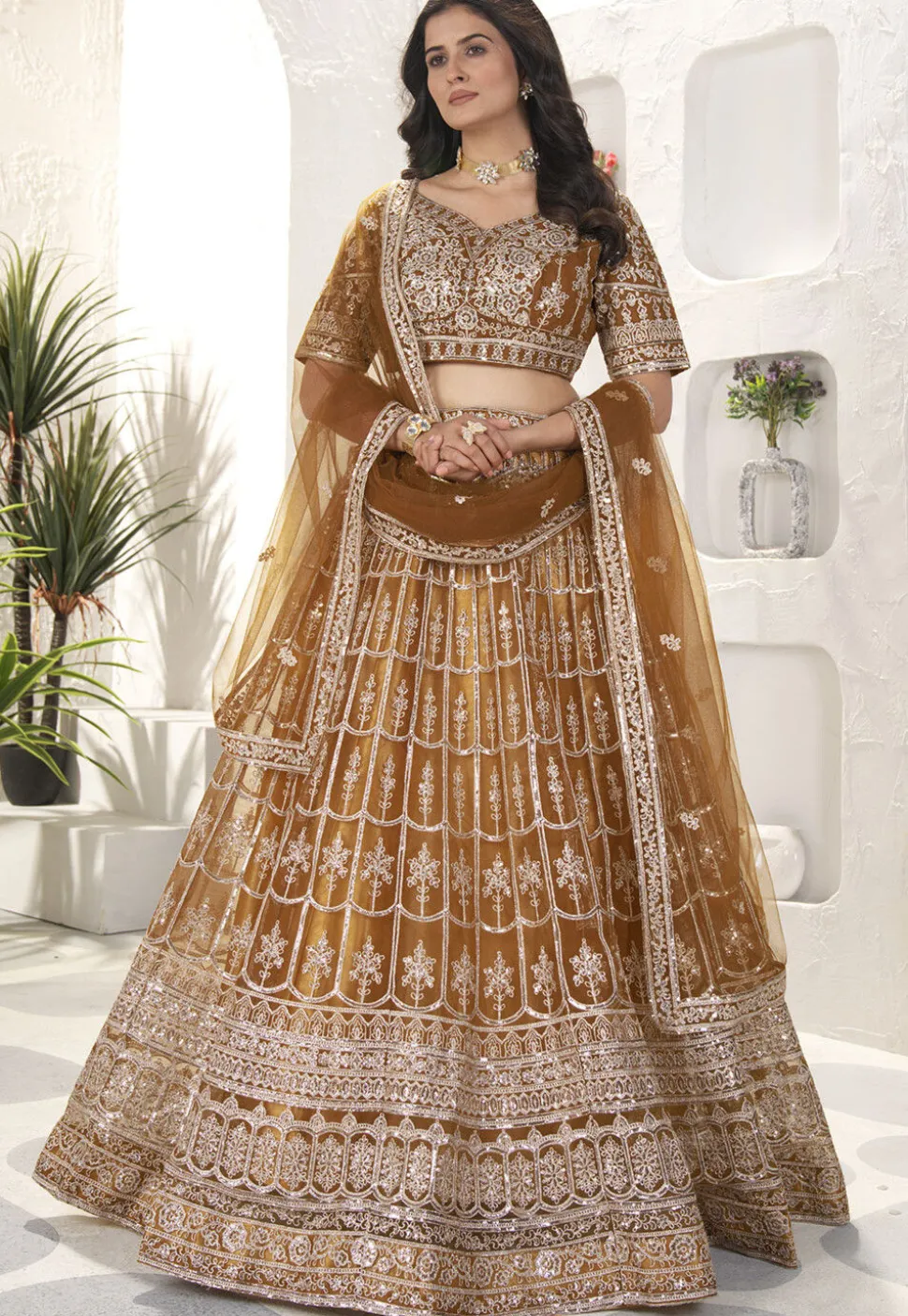 Embroidered Net Lehenga in Brown