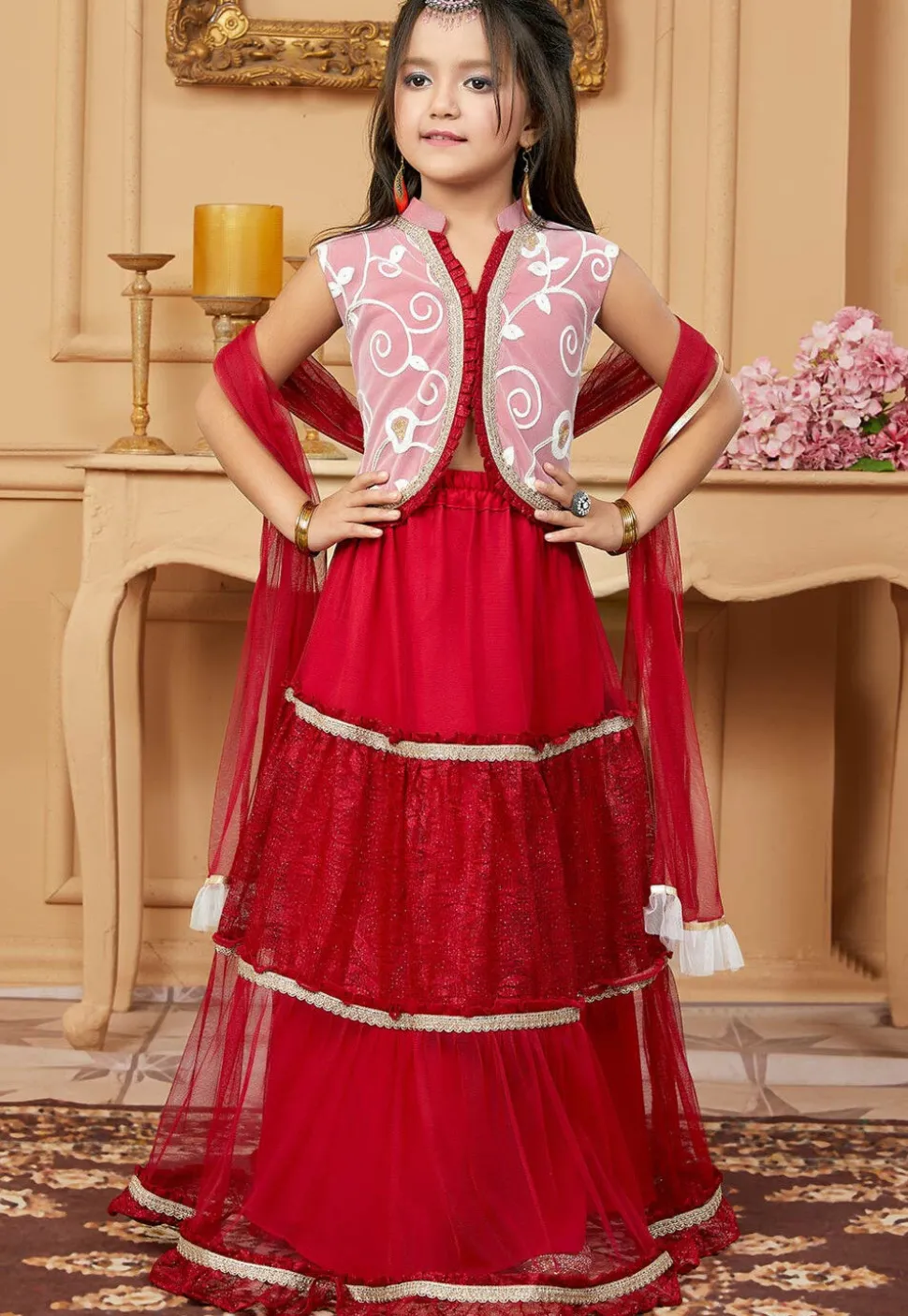 Embroidered Net Lehenga in Maroon
