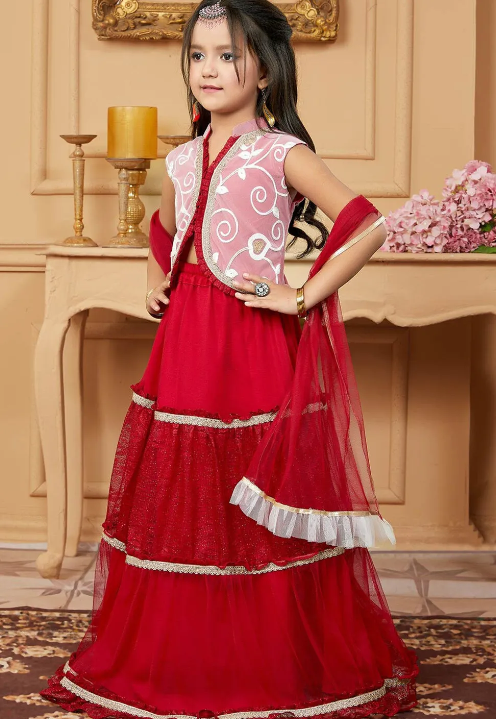 Embroidered Net Lehenga in Maroon