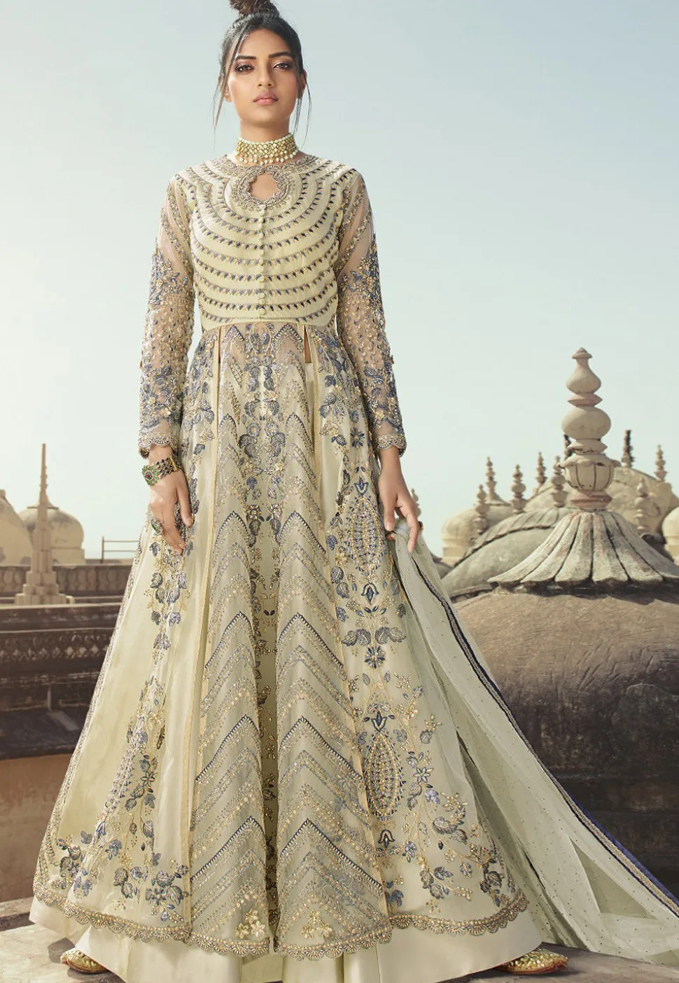 Embroidered Net Lehenga in Dusty Green