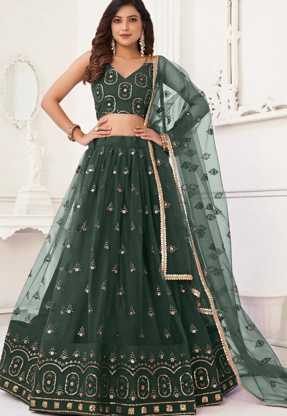 Embroidered Net Lehenga in Dark Green