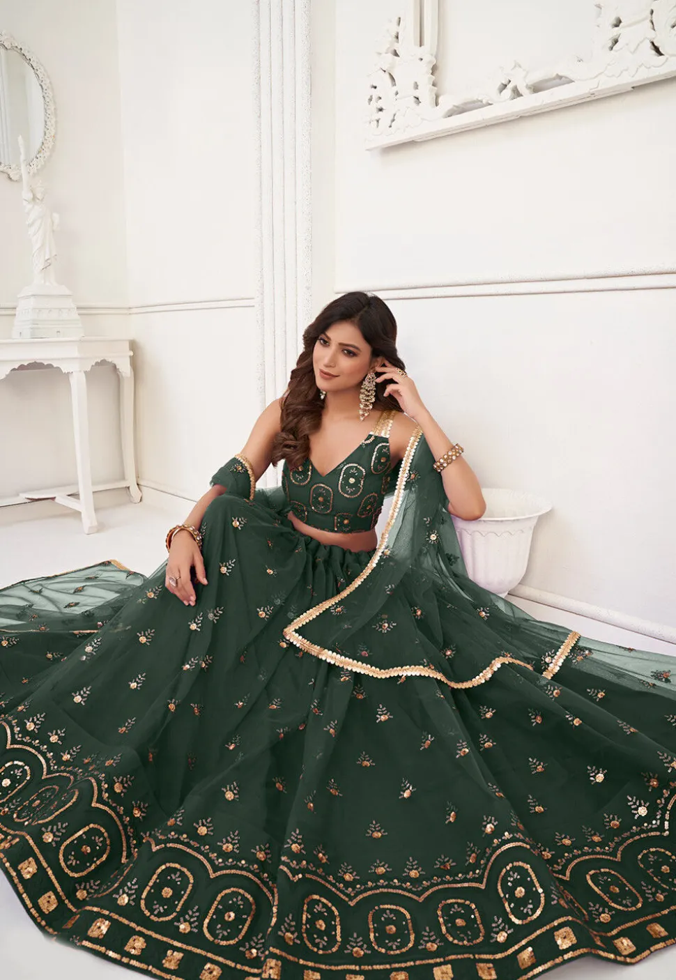 Embroidered Net Lehenga in Dark Green