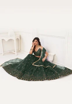 Embroidered Net Lehenga in Dark Green