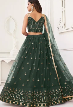 Embroidered Net Lehenga in Dark Green