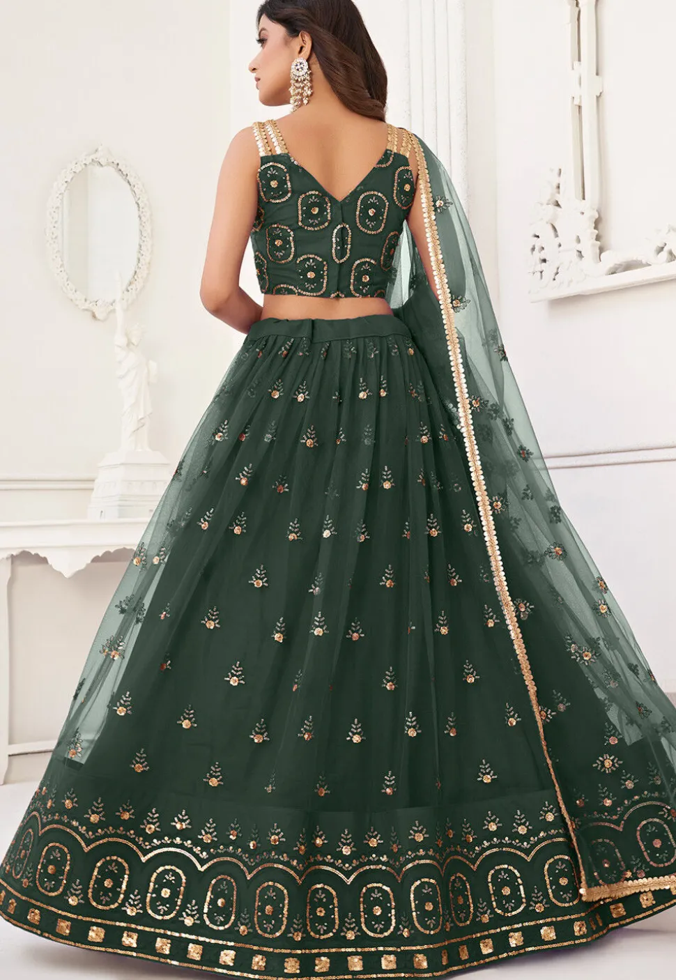 Embroidered Net Lehenga in Dark Green