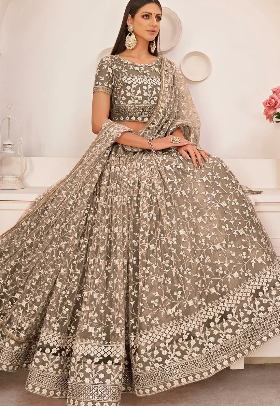 Embroidered Net Lehenga in Beige