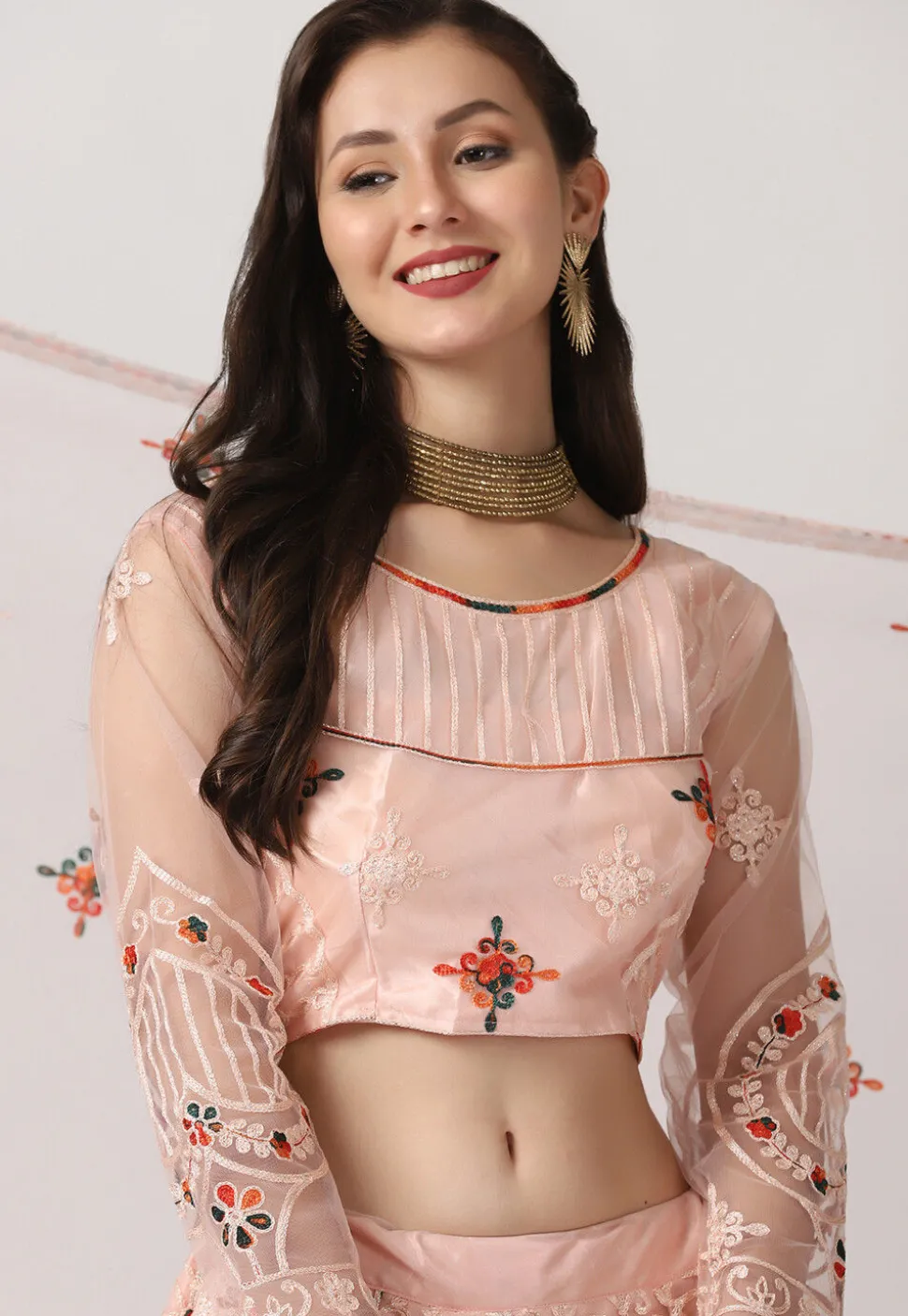 Embroidered Net Lehenga in Light Peach