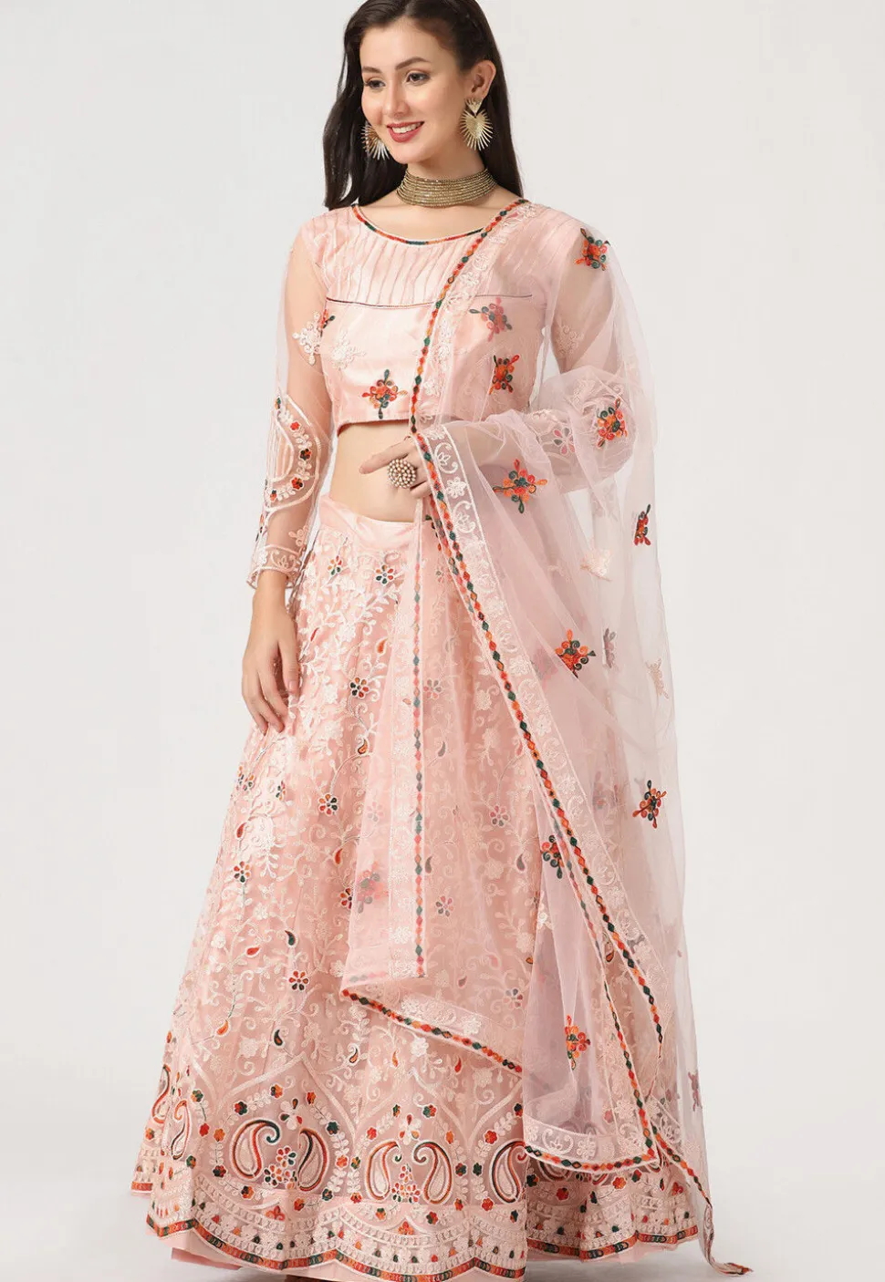 Embroidered Net Lehenga in Light Peach