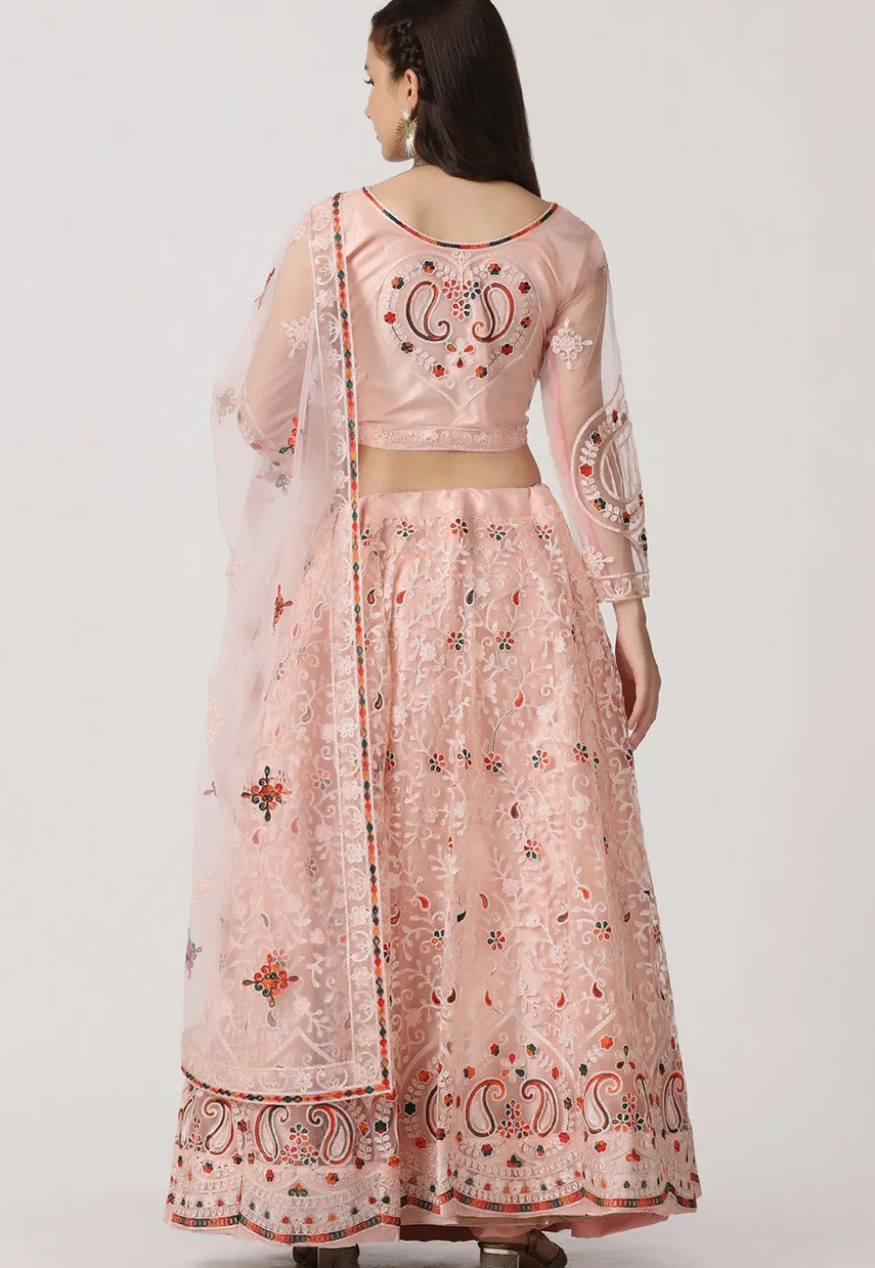 Embroidered Net Lehenga in Light Peach