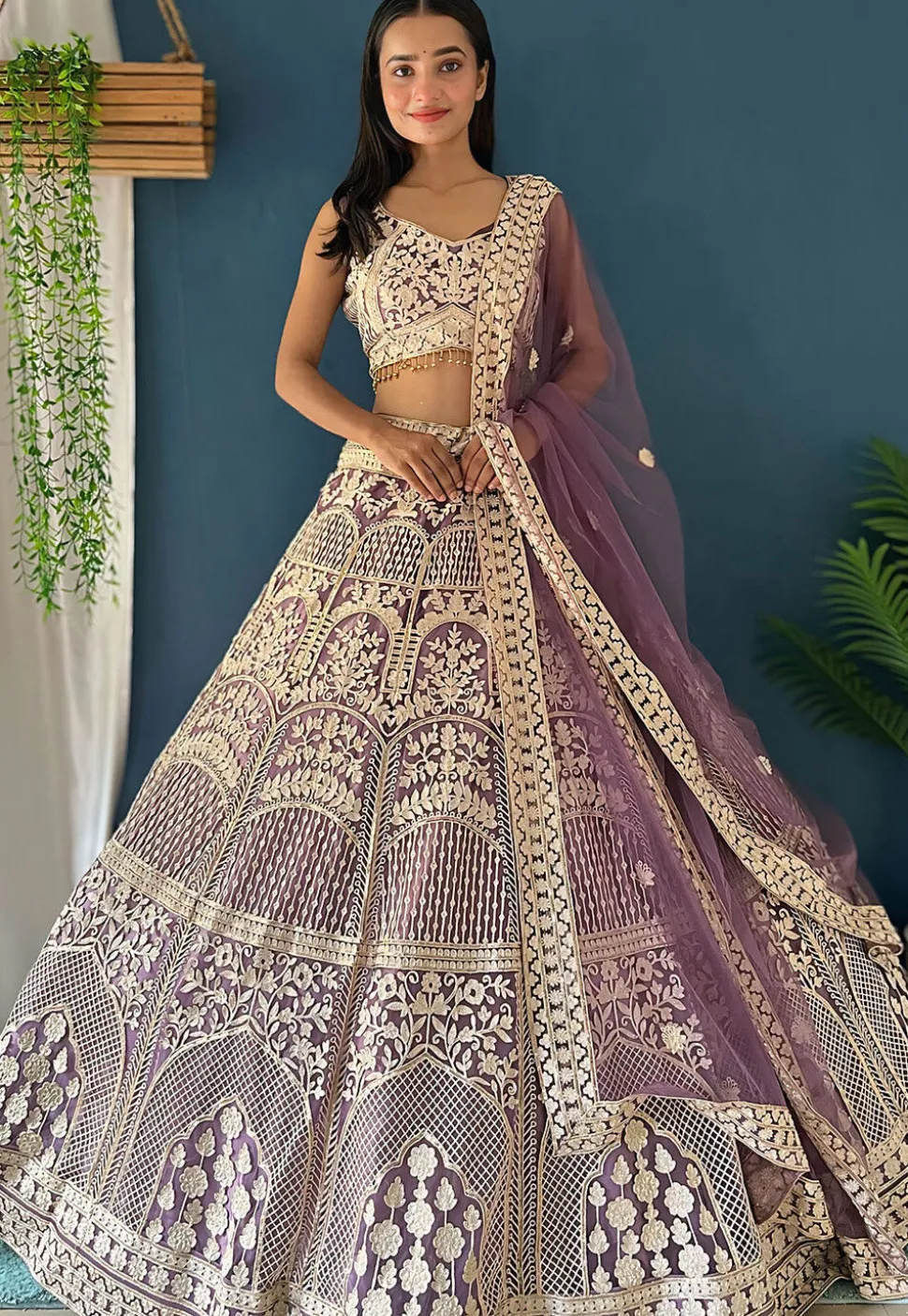 Embroidered Net Lehenga in Purple