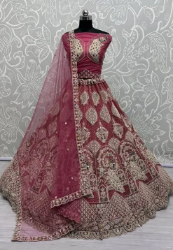 Embroidered Net Lehenga in Pink