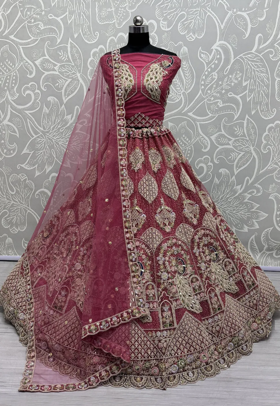 Embroidered Net Lehenga in Pink