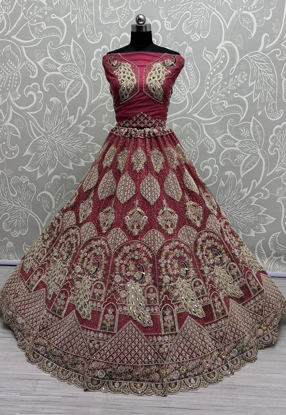 Embroidered Net Lehenga in Pink